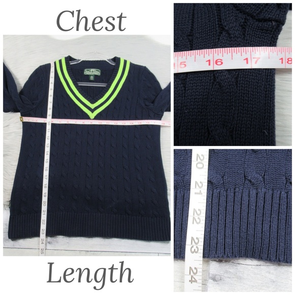 RALPH LAUREN Vintage Navy Blue V-Neck Cable Knit Tennis Sweater Women Size Large - Picture 11 of 13